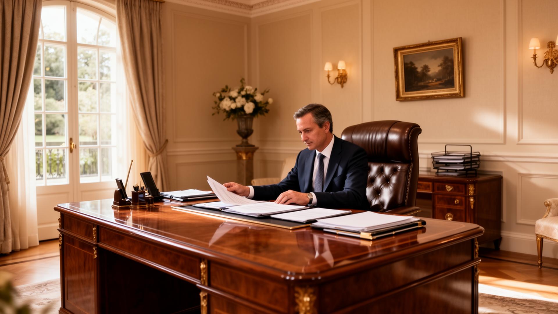 Principal reviewing documents at a private estate office