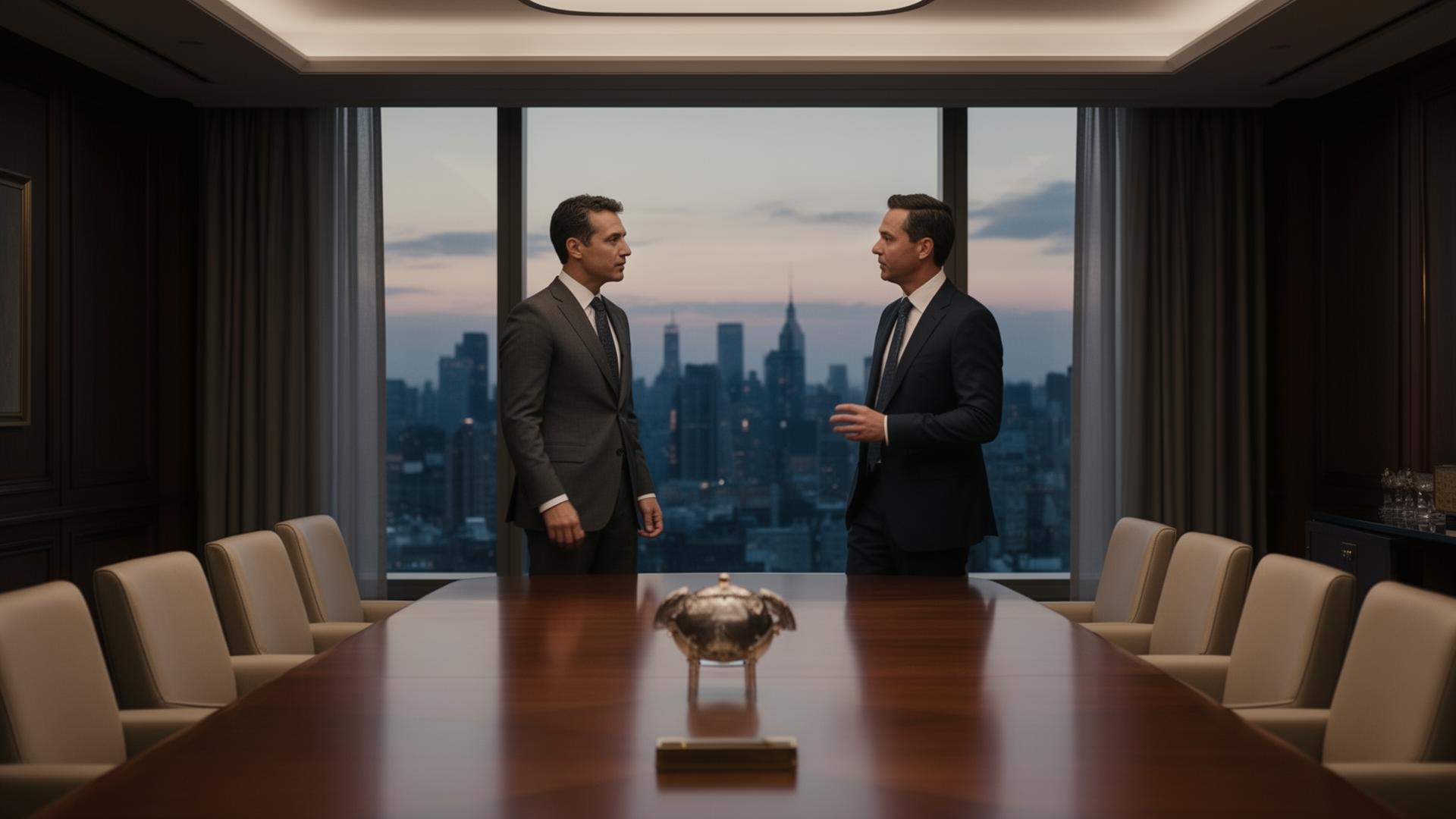 Executives in a family office boardroom at dusk