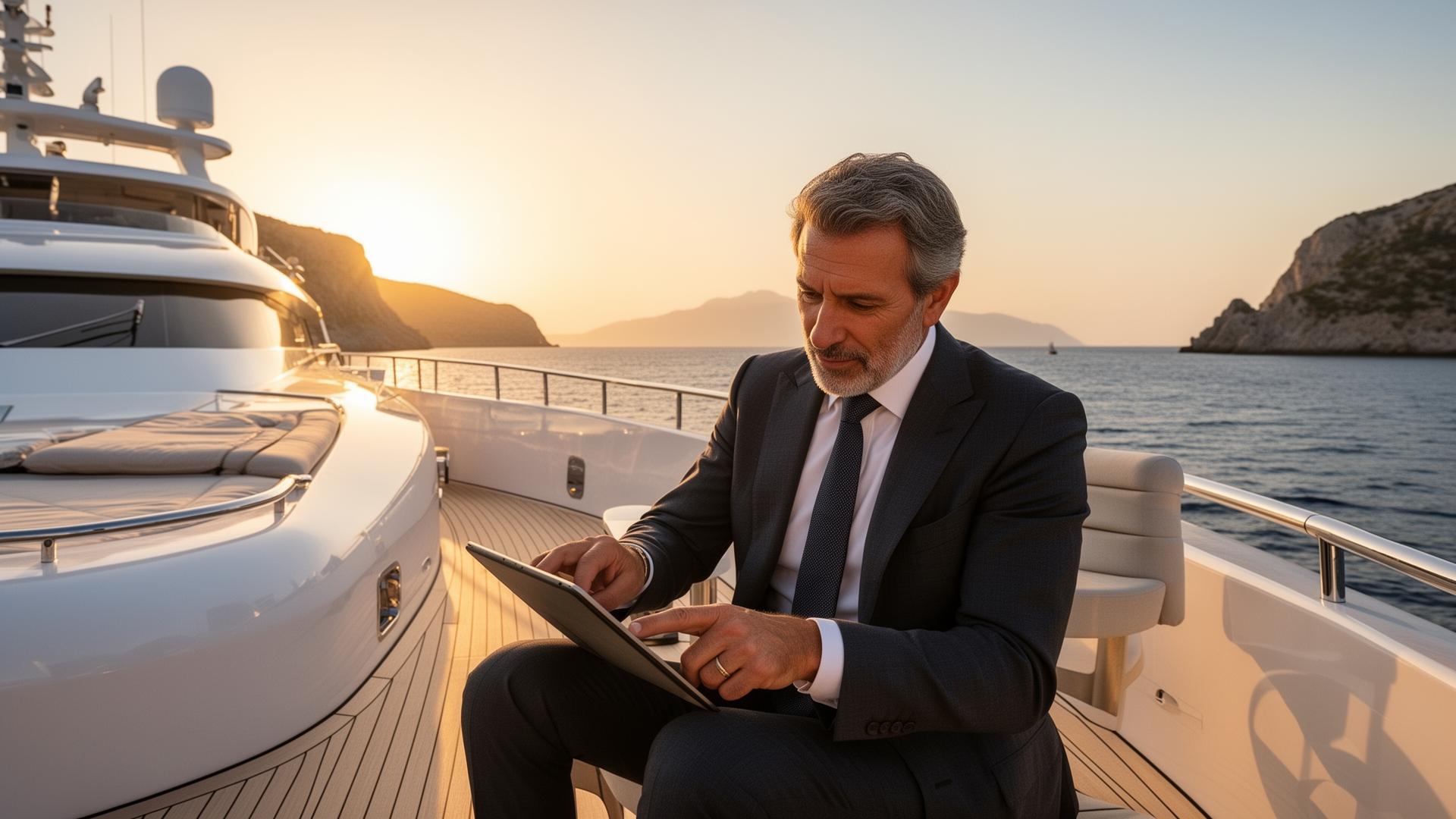 Yacht owner reviewing crew on a superyacht deck